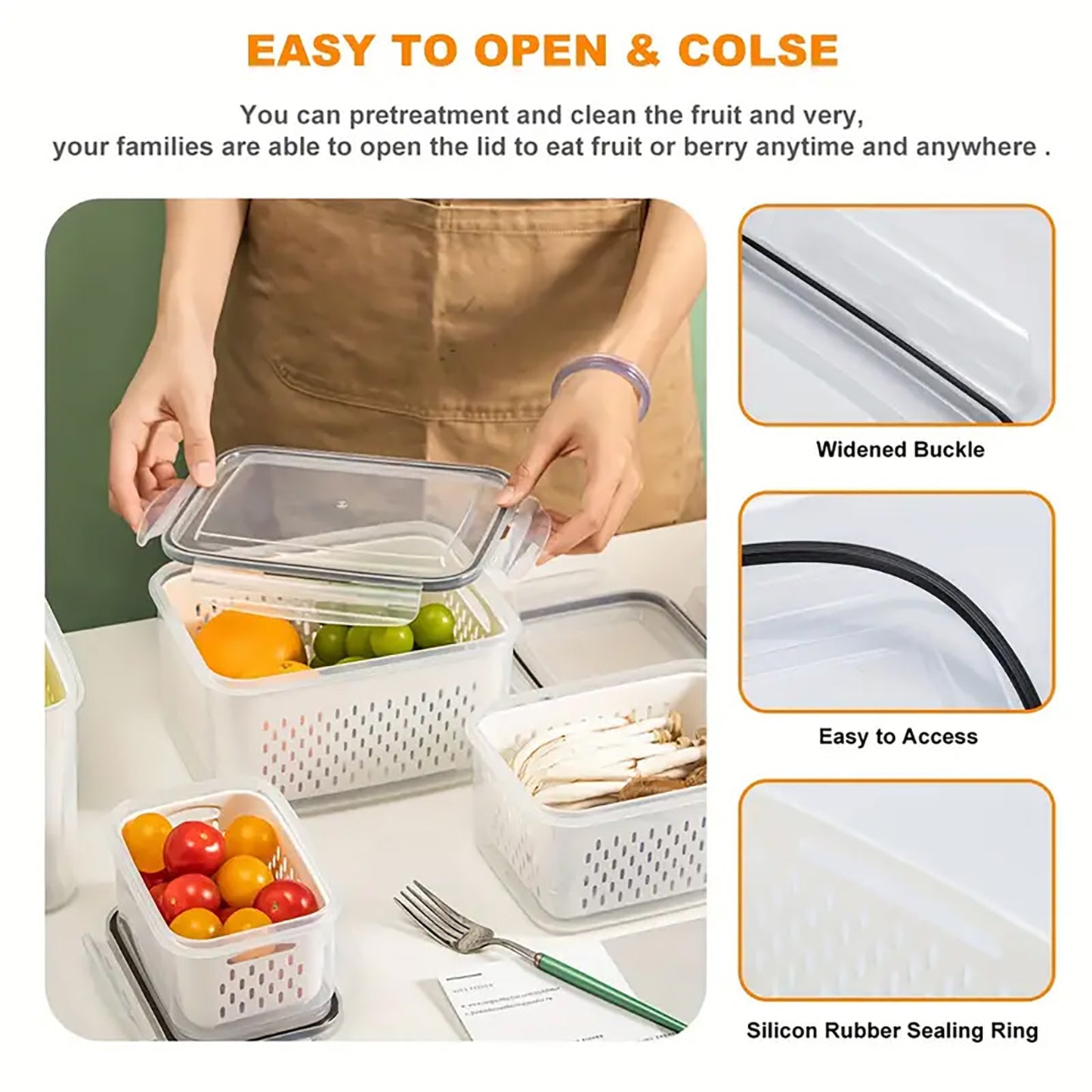 Asnews 3Pcs Large Fruit Containers for Fridge with Removable Colanders and Lids, Airtight Storage Container to Keep Berry Fruit Fresh, Dishwasher & microwave safe