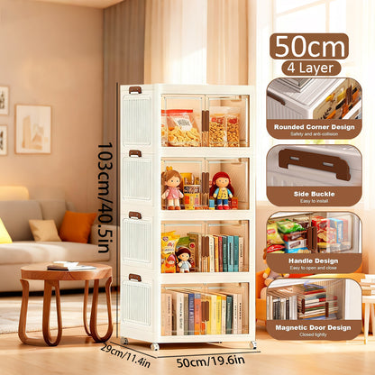 Asnews  Stackable Storage Bins with Lids & Magnetic Doors, Foldable Storage Cabinet with Wheels, Transparent Plastic Storages Drawers for Bedrooms, Living Rooms, and Studies