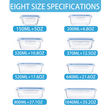 Asnews 8 Pack Glass Food Storage Containers with Lids, Glass Meal Prep Containers, Airtight Leakproof Bento Lunch Boxes, 5oz to 35oz, Microwave Oven Freezer Safe, BPA Free (Blue)