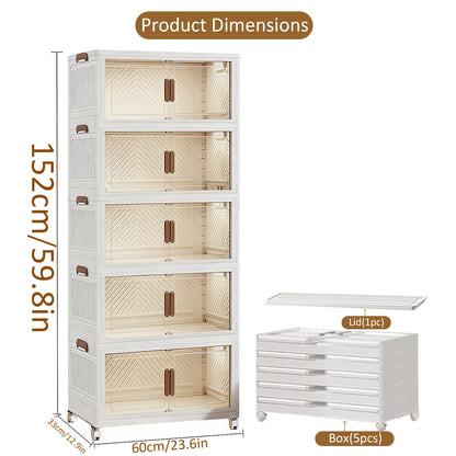 YHIPL Stackable Storage Bins with Lids & Magnetic Doors,  Foldable Storage Cabinet with Wheels, Transparent Plastic Storages Drawers for Bedrooms, Living Rooms, and Studies