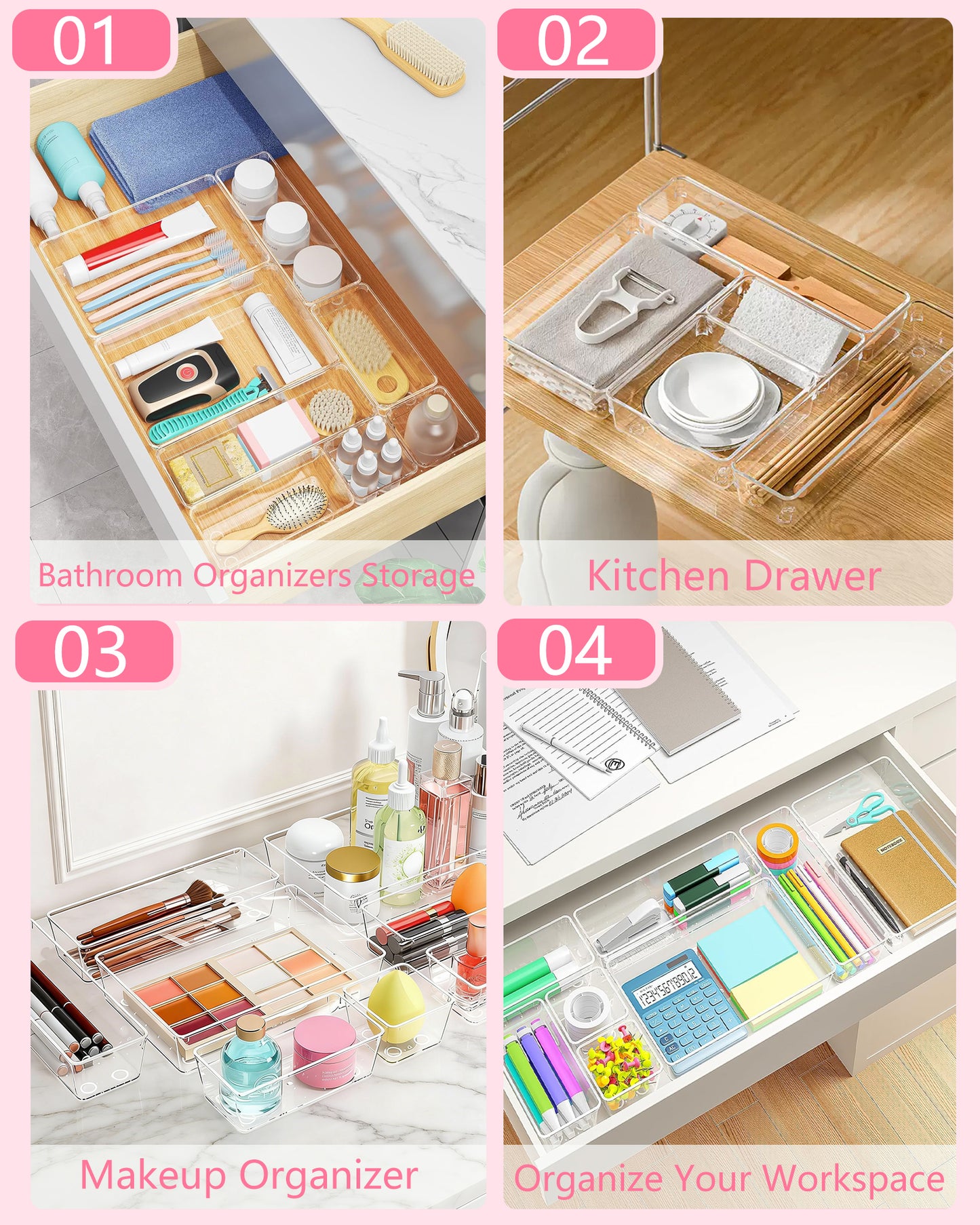 Asnews Plastic Drawer Organizers Set, Multiple Vanity Organizer, Makeup and Desk Drawer Organizer Trays, Organization and Storage for Makeup, Bathroom, Kitchen Utensils and Office