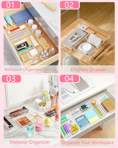 Asnews Plastic Drawer Organizers Set, Multiple Vanity Organizer, Makeup and Desk Drawer Organizer Trays, Organization and Storage for Makeup, Bathroom, Kitchen Utensils and Office