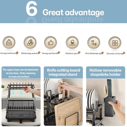 Asnews 2-Tier Kitchen Dish Drying Rack, Stainless Steel Large Capacity Dish Rack With Utensil Holder & Cutting Board Slot, Space-Saving Racks For Kitchen Counter, Black