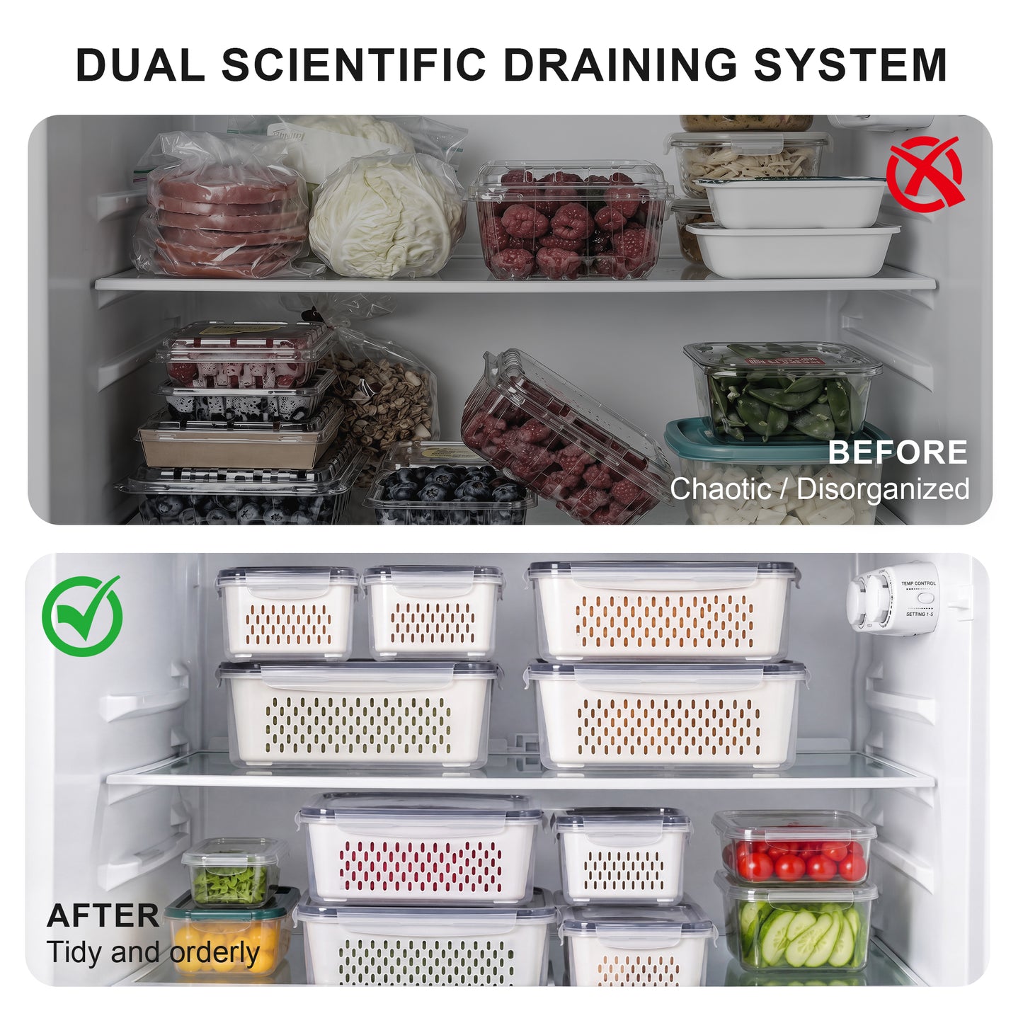 YHIPL 3 Pcs Large Fruit Storage Containers, Airtight Fridge Bins with Removable Colanders, Dishwasher & microwave safe, Clear, 3 Pack (Large)