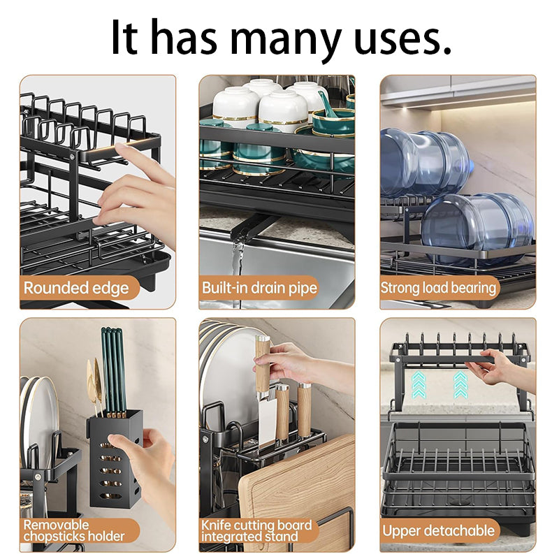 CFQNI 2-Tier Kitchen Dish Drying Rack, Carbon Steel Large Capacity Dish Rack With Cutlery Rack and Cutting Board Slot, Saves Space, Suitable for Kitchen Countertops, Black