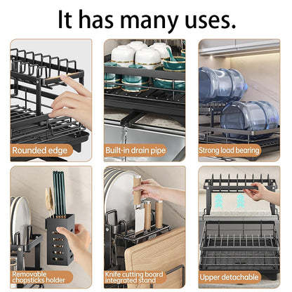 CFQNI 2-Tier Kitchen Dish Drying Rack, Carbon Steel Large Capacity Dish Rack With Cutlery Rack and Cutting Board Slot, Saves Space, Suitable for Kitchen Countertops, Black