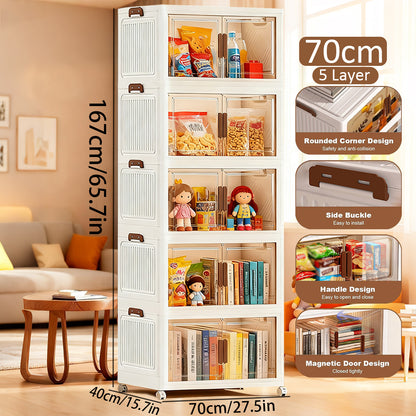 Asnews  Stackable Storage Bins with Lids & Magnetic Doors, Foldable Storage Cabinet with Wheels, Transparent Plastic Storages Drawers for Bedrooms, Living Rooms, and Studies