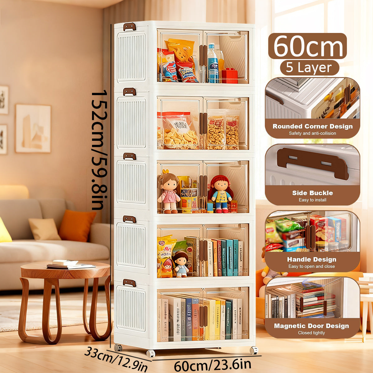 Asnews  Stackable Storage Bins with Lids & Magnetic Doors, Foldable Storage Cabinet with Wheels, Transparent Plastic Storages Drawers for Bedrooms, Living Rooms, and Studies