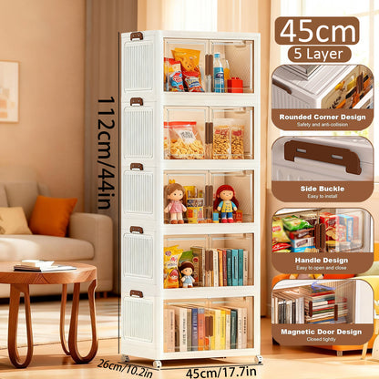 Asnews  Stackable Storage Bins with Lids & Magnetic Doors, Foldable Storage Cabinet with Wheels, Transparent Plastic Storages Drawers for Bedrooms, Living Rooms, and Studies