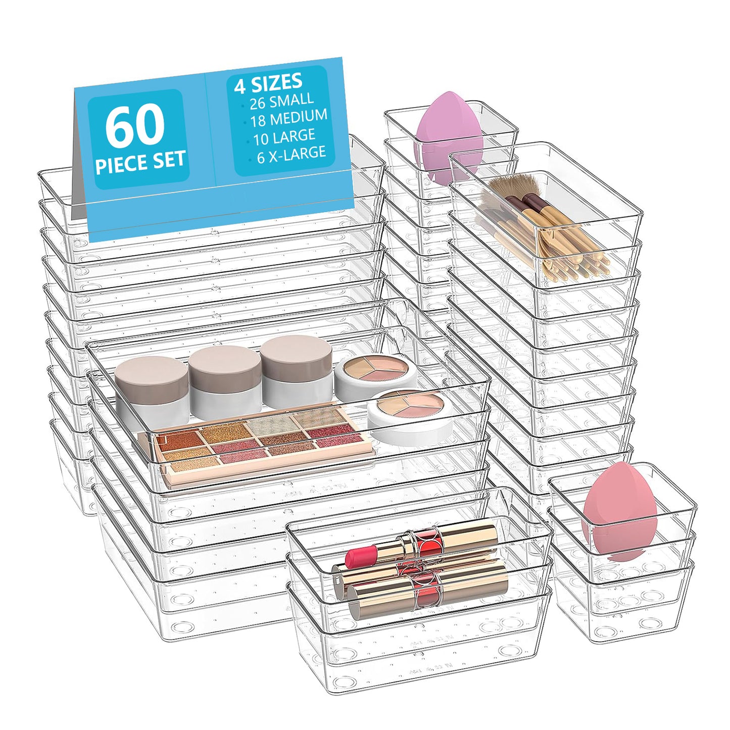 Asnews Plastic Drawer Organizers Set, Multiple Vanity Organizer, Makeup and Desk Drawer Organizer Trays, Organization and Storage for Makeup, Bathroom, Kitchen Utensils and Office