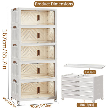 YHIPL Stackable Storage Bins with Lids & Magnetic Doors,  Foldable Storage Cabinet with Wheels, Transparent Plastic Storages Drawers for Bedrooms, Living Rooms, and Studies