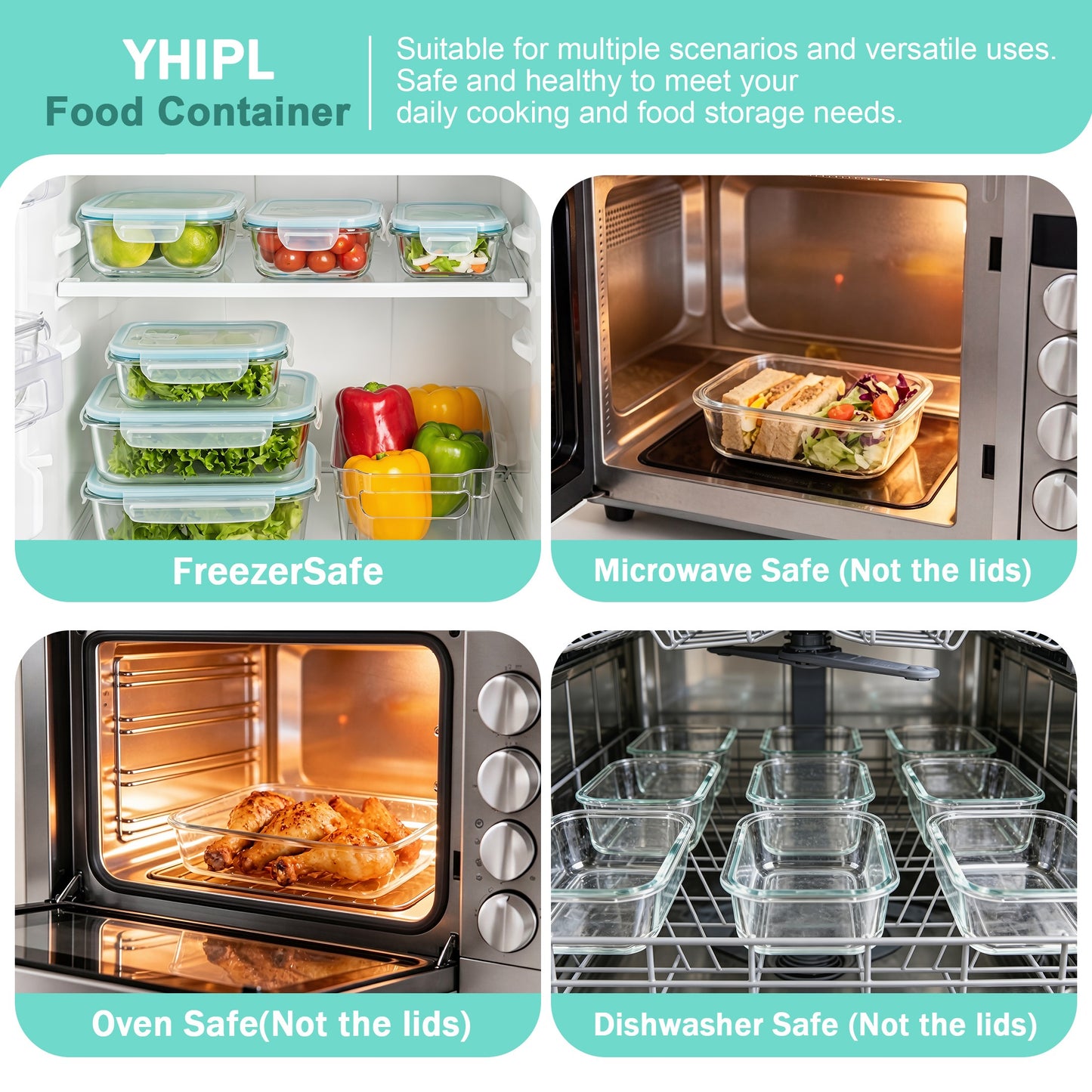 YHIPL 8-Pack Glass Storage Container Set with Snap Airtight Lids for Microwave, Freezer and Dishwasher Safe, Leak Proof Glass Lunch Boxes, Blue&Green