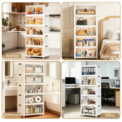 YHIPL Stackable Storage Bins with Lids & Magnetic Doors,  Foldable Storage Cabinet with Wheels, Transparent Plastic Storages Drawers for Bedrooms, Living Rooms, and Studies