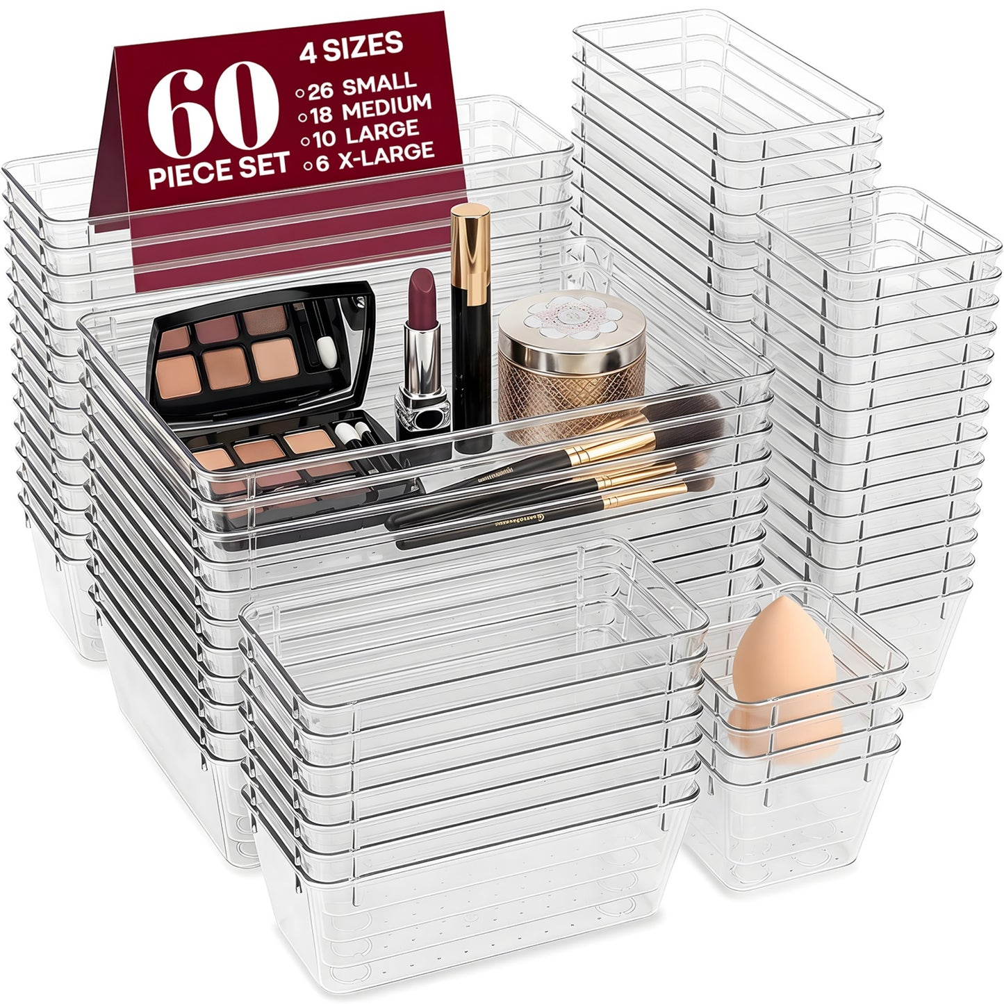 YHIPL 60 Pcs Plastic Drawer Organizers Set, Desk and Makeup Trays, Organizer Tray for Office & Bedroom, Bathroom