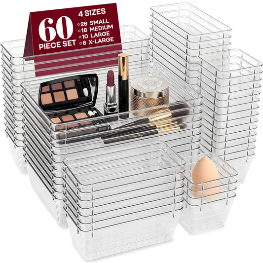 YHIPL 60 Pcs Plastic Drawer Organizers Set, Desk and Makeup Trays, Organizer Tray for Office & Bedroom, Bathroom