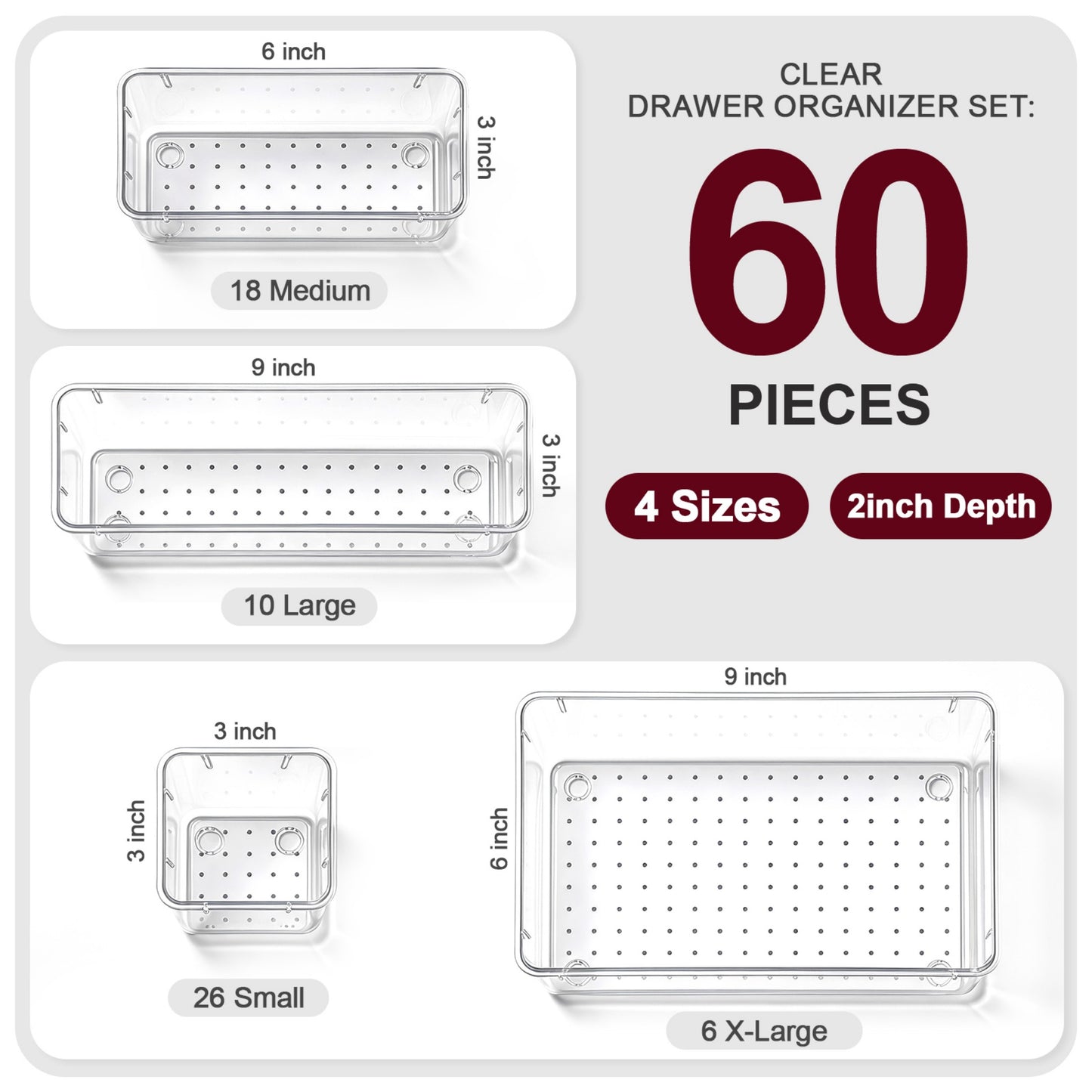 YHIPL 60 Pcs Plastic Drawer Organizers Set, Desk and Makeup Trays, Organizer Tray for Office & Bedroom, Bathroom