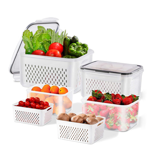 Asnews 3Pcs Large Fruit Containers for Fridge with Removable Colanders and Lids, Airtight Storage Container to Keep Berry Fruit Fresh, Dishwasher & microwave safe
