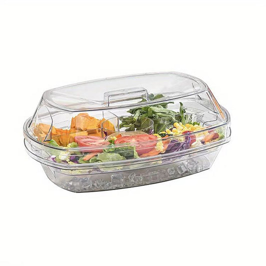 YHIPL 4-Compartment Chilled Serving Tray with Lid – Clear Party Platter for Cold Food, Buffet Server for Fruit, Veggies & Appetizers
