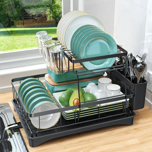 CFQNI 2-Tier Kitchen Dish Drying Rack, Carbon Steel Large Capacity Dish Rack With Cutlery Rack, Cutting Board Sink, and Cup Holder, Saves Space, Suitable for Kitchen Countertops, Black