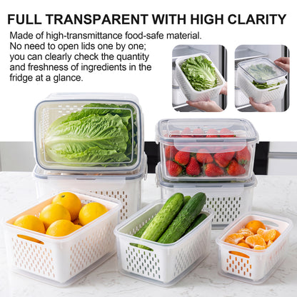YHIPL 3 Pcs Large Fruit Storage Containers, Airtight Fridge Bins with Removable Colanders, Dishwasher & microwave safe, Clear, 3 Pack (Large)