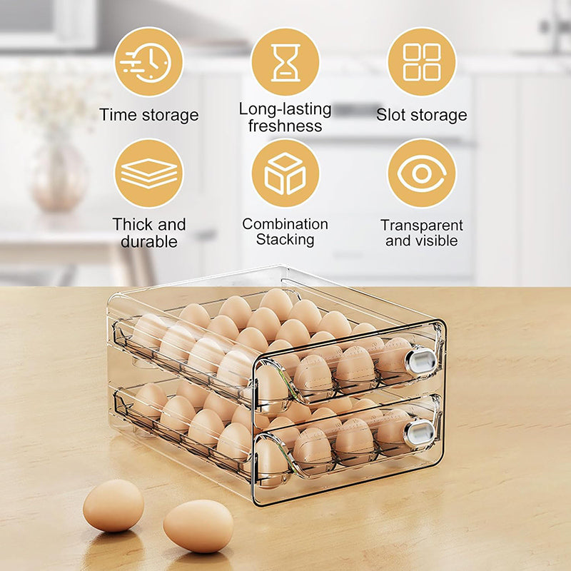 YHIPL Clear Stackable Egg Holder for Fridge – BPA-Free Egg Organizer Tray with Lid, Handles & Rotating Timer