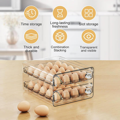 YHIPL Clear Stackable Egg Holder for Fridge – BPA-Free Egg Organizer Tray with Lid, Handles & Rotating Timer