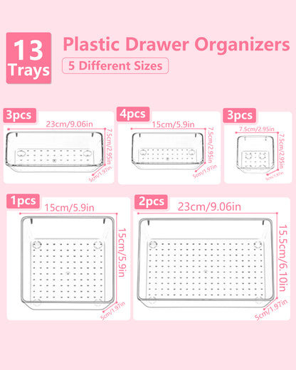 Asnews Plastic Drawer Organizers Set, Multiple Vanity Organizer, Makeup and Desk Drawer Organizer Trays, Organization and Storage for Makeup, Bathroom, Kitchen Utensils and Office