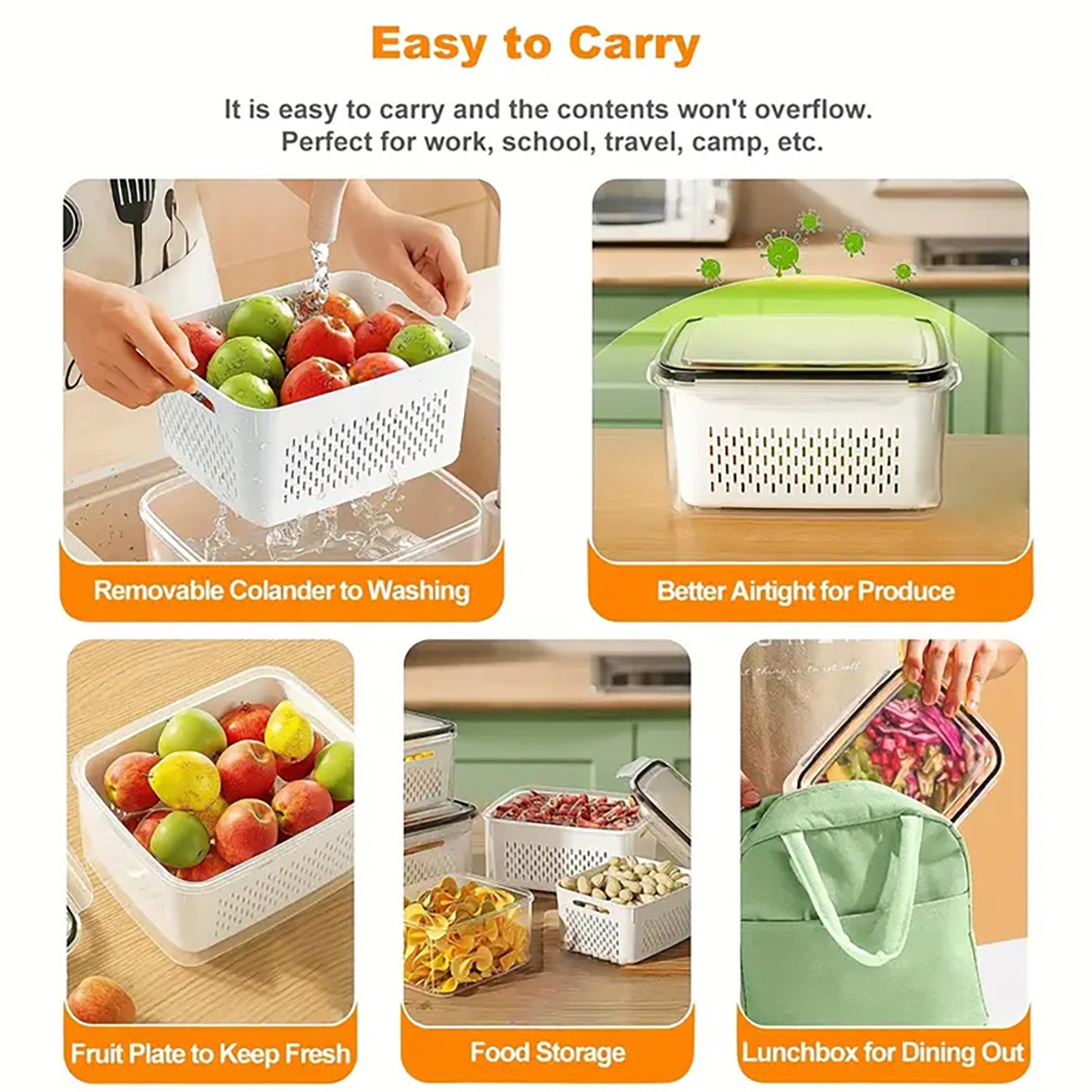 Asnews 3Pcs Large Fruit Containers for Fridge with Removable Colanders and Lids, Airtight Storage Container to Keep Berry Fruit Fresh, Dishwasher & microwave safe