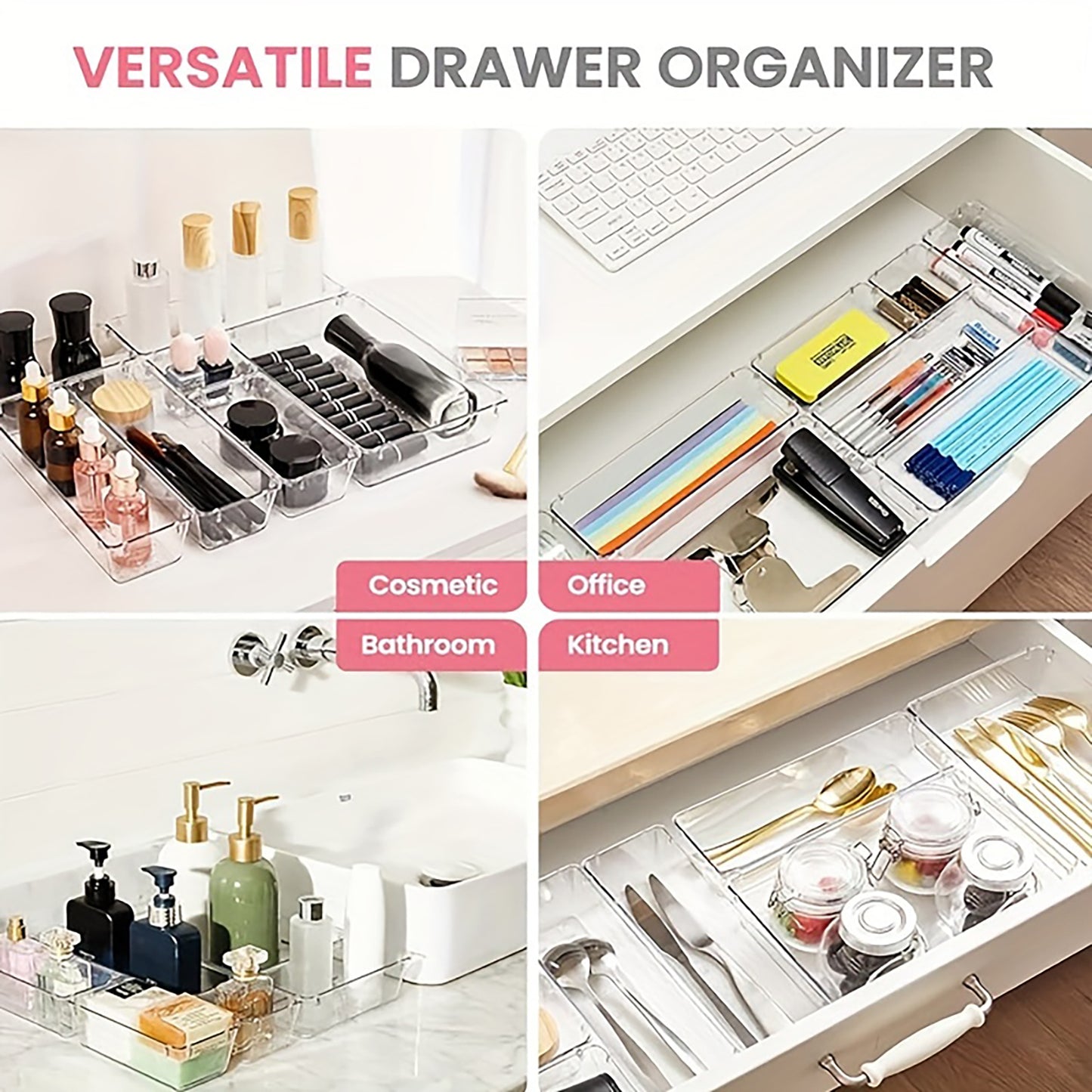 Asnews Plastic Drawer Organizers Set, Multiple Vanity Organizer, Makeup and Desk Drawer Organizer Trays, Organization and Storage for Makeup, Bathroom, Kitchen Utensils and Office