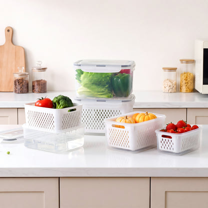 YHIPL 3 Pcs Large Fruit Storage Containers, Airtight Fridge Bins with Removable Colanders, Dishwasher & microwave safe, Clear, 3 Pack (Large)