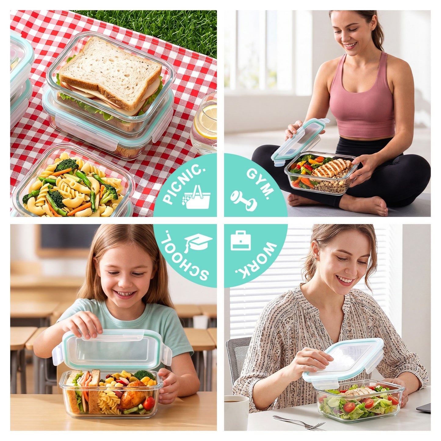 YHIPL 8-Pack Glass Storage Container Set with Snap Airtight Lids for Microwave, Freezer and Dishwasher Safe, Leak Proof Glass Lunch Boxes, Blue&Green