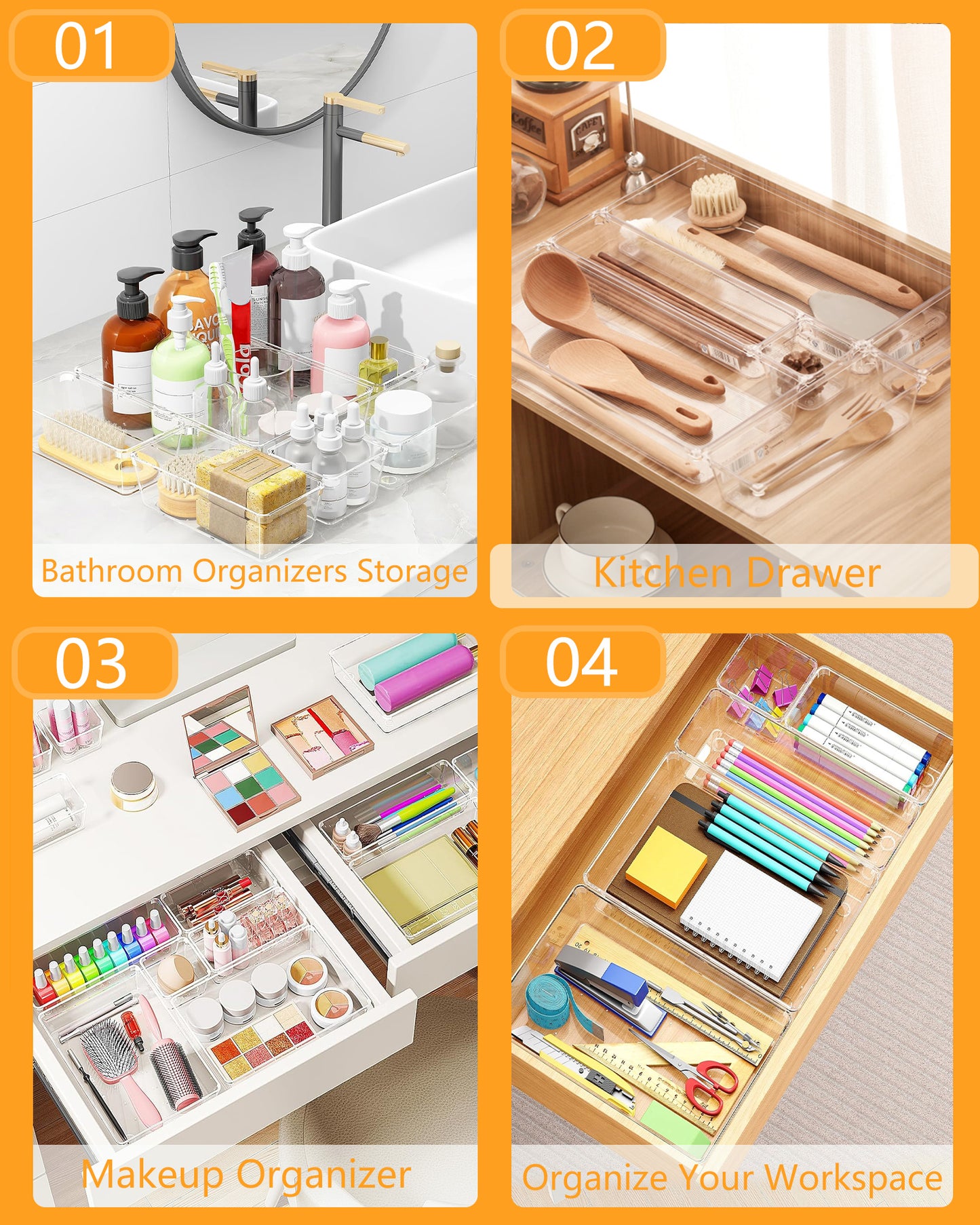 Asnews Plastic Drawer Organizers Set, Multiple Vanity Organizer, Makeup and Desk Drawer Organizer Trays, Organization and Storage for Makeup, Bathroom, Kitchen Utensils and Office
