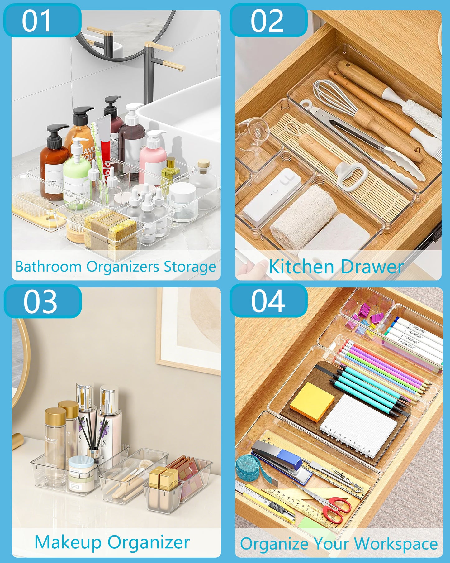 Asnews Plastic Drawer Organizers Set, Multiple Vanity Organizer, Makeup and Desk Drawer Organizer Trays, Organization and Storage for Makeup, Bathroom, Kitchen Utensils and Office