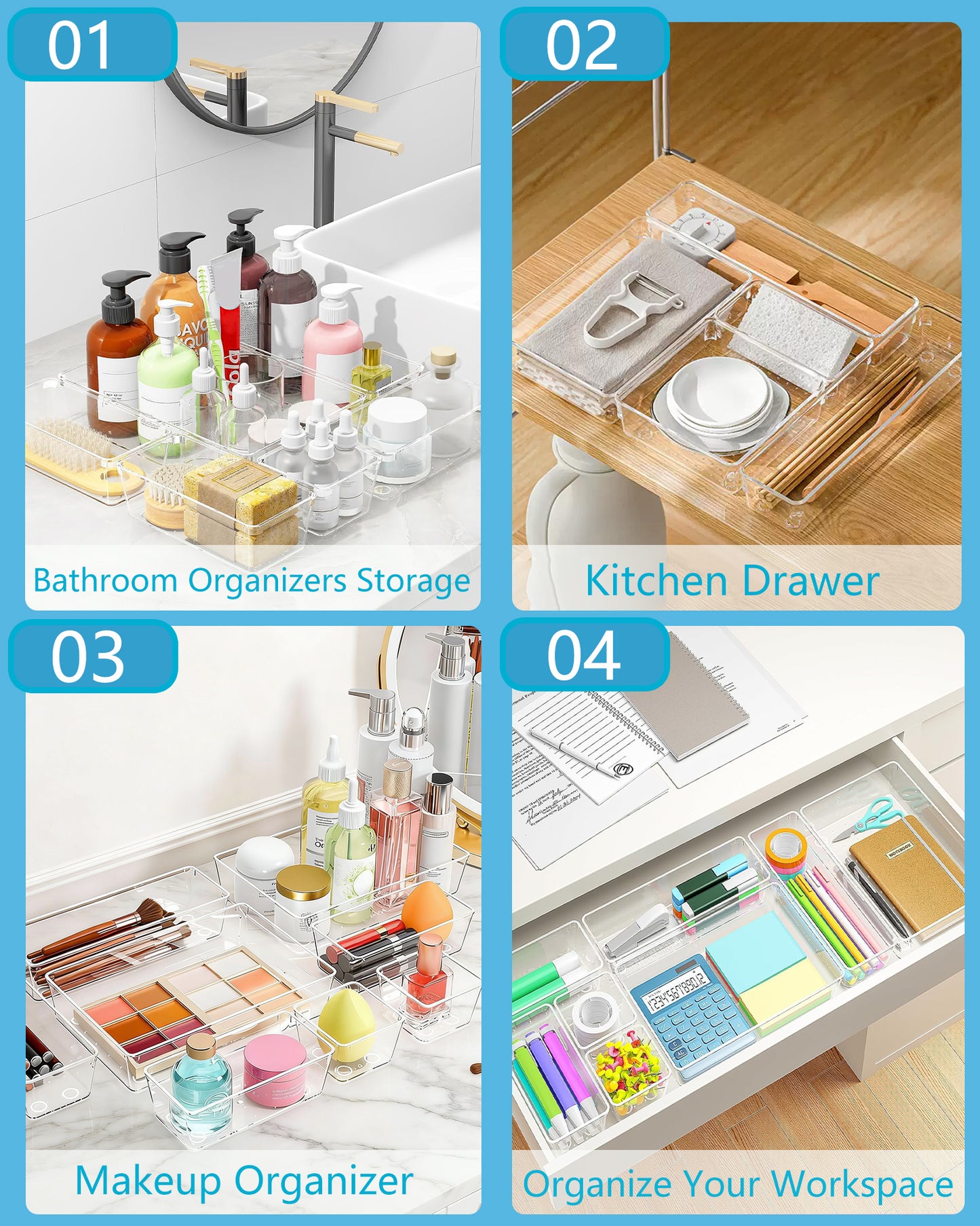Asnews Plastic Drawer Organizers Set, Multiple Vanity Organizer, Makeup and Desk Drawer Organizer Trays, Organization and Storage for Makeup, Bathroom, Kitchen Utensils and Office