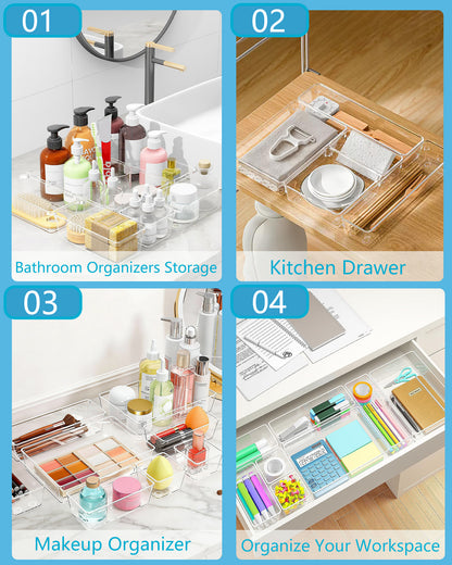 Asnews Plastic Drawer Organizers Set, Multiple Vanity Organizer, Makeup and Desk Drawer Organizer Trays, Organization and Storage for Makeup, Bathroom, Kitchen Utensils and Office