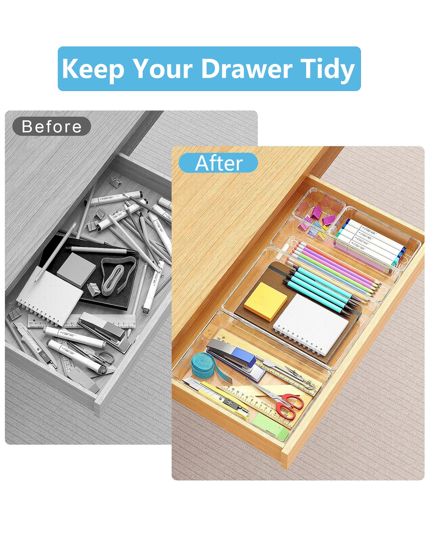 Asnews Plastic Drawer Organizers Set, Multiple Vanity Organizer, Makeup and Desk Drawer Organizer Trays, Organization and Storage for Makeup, Bathroom, Kitchen Utensils and Office