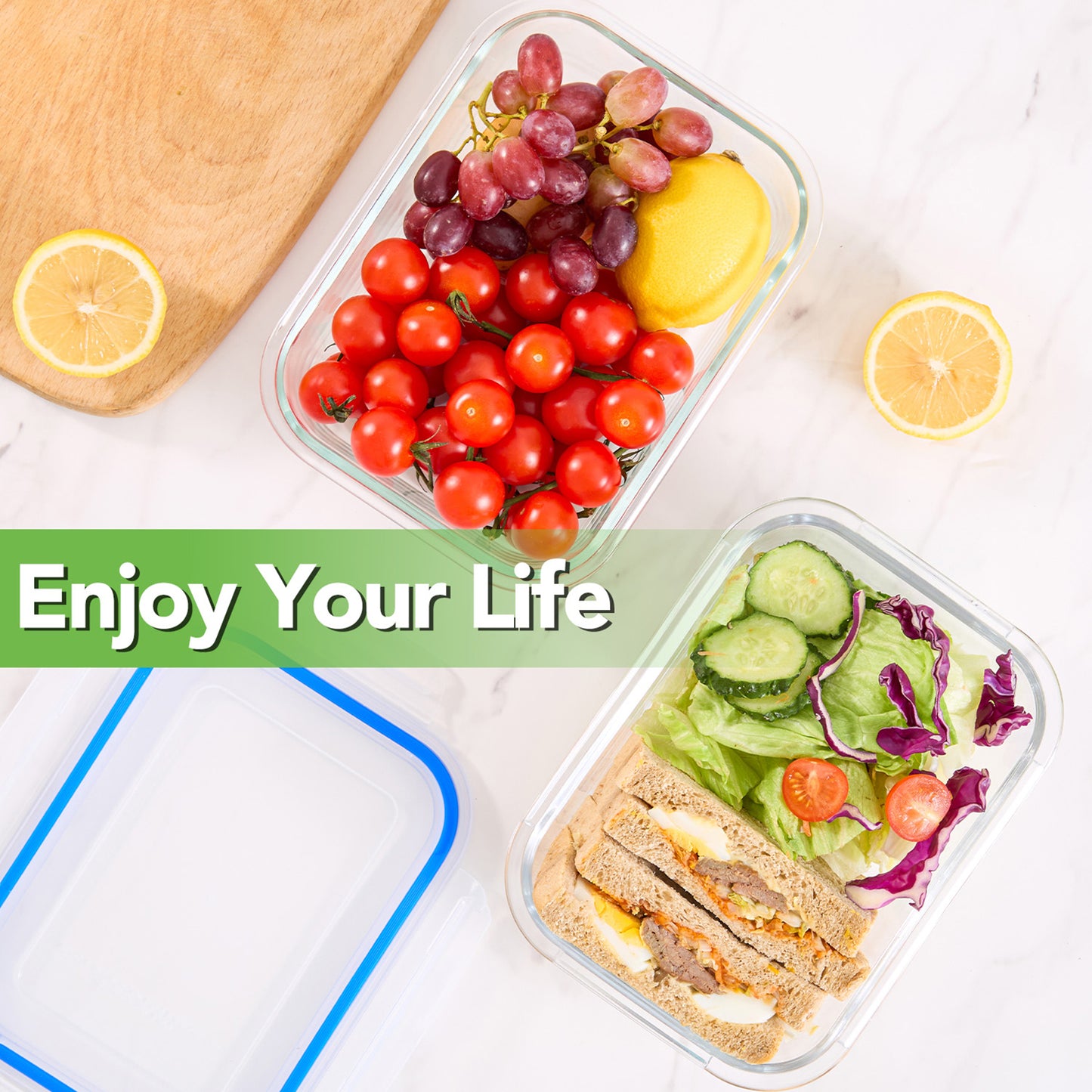Asnews 8 Pack Glass Food Storage Containers with Lids, Glass Meal Prep Containers, Airtight Leakproof Bento Lunch Boxes, 5oz to 35oz, Microwave Oven Freezer Safe, BPA Free (Blue)