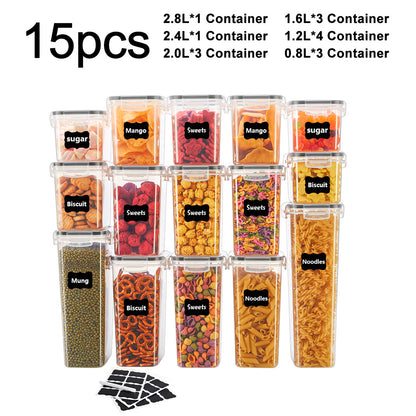 Asnews 15 Pcs Airtight Food Storage Containers with Lids, Kitchen Storage Container for Cereal, Dry Food, Flour and Sugar, BPA-Free, Includes 24 Labels