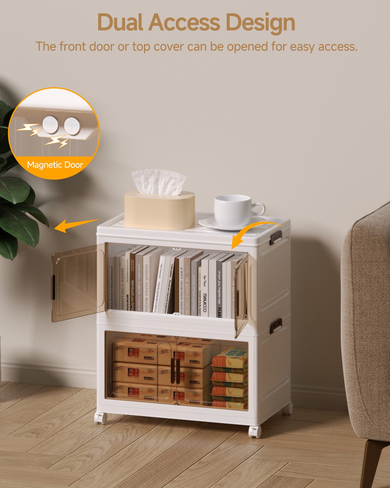 Asnews  Stackable Storage Bins with Lids & Magnetic Doors, Foldable Storage Cabinet with Wheels, Transparent Plastic Storages Drawers for Bedrooms, Living Rooms, and Studies