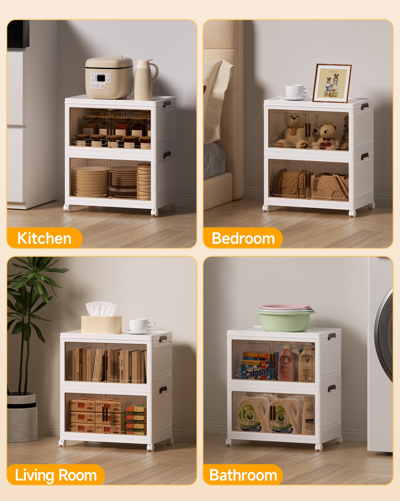 Asnews  Stackable Storage Bins with Lids & Magnetic Doors, Foldable Storage Cabinet with Wheels, Transparent Plastic Storages Drawers for Bedrooms, Living Rooms, and Studies