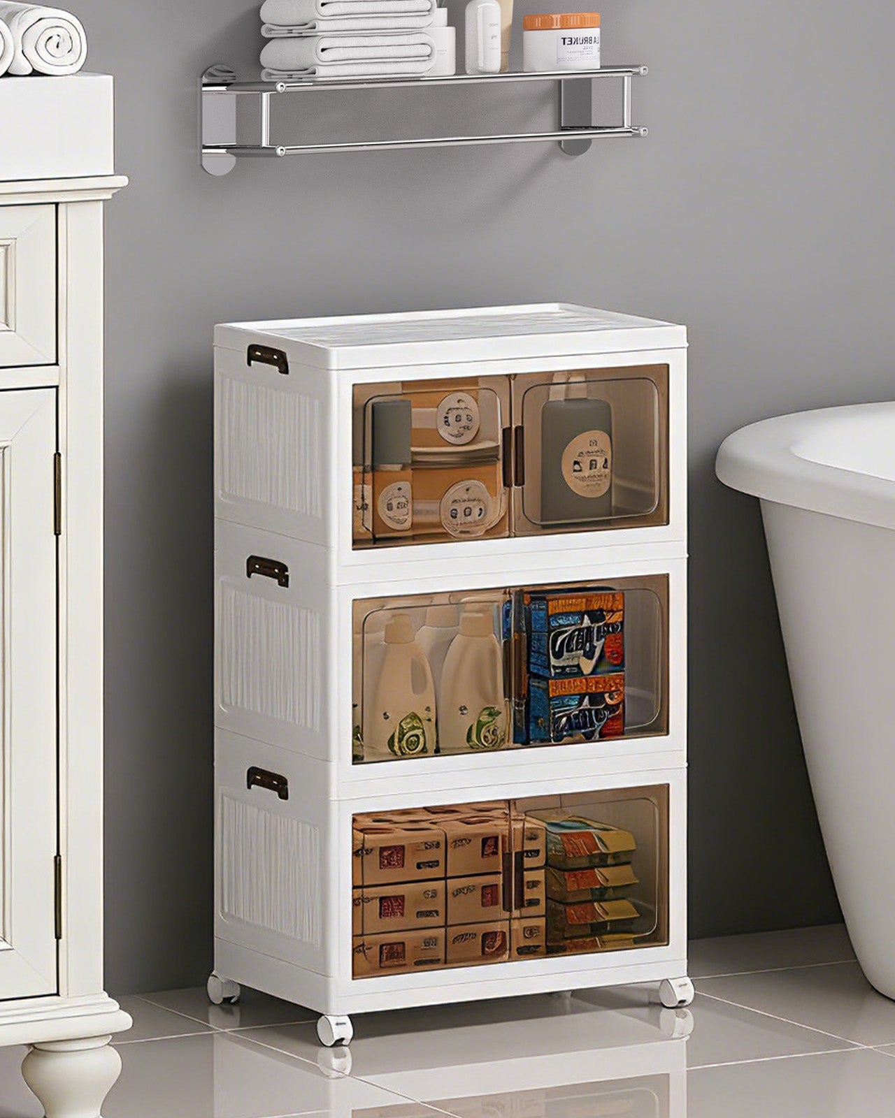 Asnews  Stackable Storage Bins with Lids & Magnetic Doors, Foldable Storage Cabinet with Wheels, Transparent Plastic Storages Drawers for Bedrooms, Living Rooms, and Studies