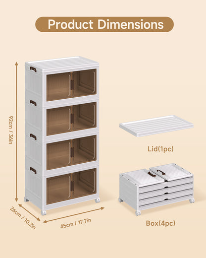 Asnews  Stackable Storage Bins with Lids & Magnetic Doors, Foldable Storage Cabinet with Wheels, Transparent Plastic Storages Drawers for Bedrooms, Living Rooms, and Studies