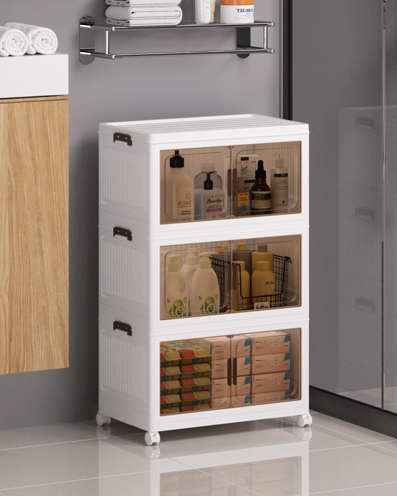 Asnews  Stackable Storage Bins with Lids & Magnetic Doors, Foldable Storage Cabinet with Wheels, Transparent Plastic Storages Drawers for Bedrooms, Living Rooms, and Studies