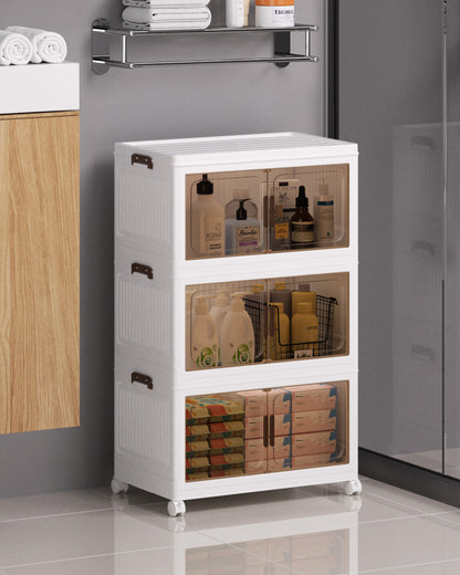 Asnews  Stackable Storage Bins with Lids & Magnetic Doors, Foldable Storage Cabinet with Wheels, Transparent Plastic Storages Drawers for Bedrooms, Living Rooms, and Studies