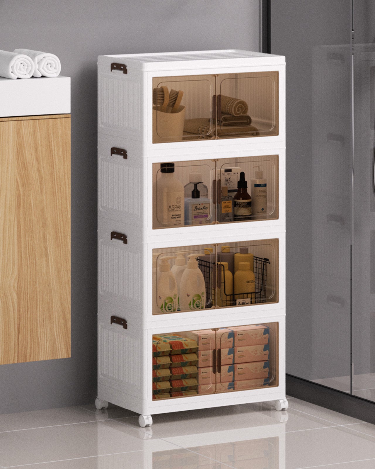 Asnews  Stackable Storage Bins with Lids & Magnetic Doors, Foldable Storage Cabinet with Wheels, Transparent Plastic Storages Drawers for Bedrooms, Living Rooms, and Studies