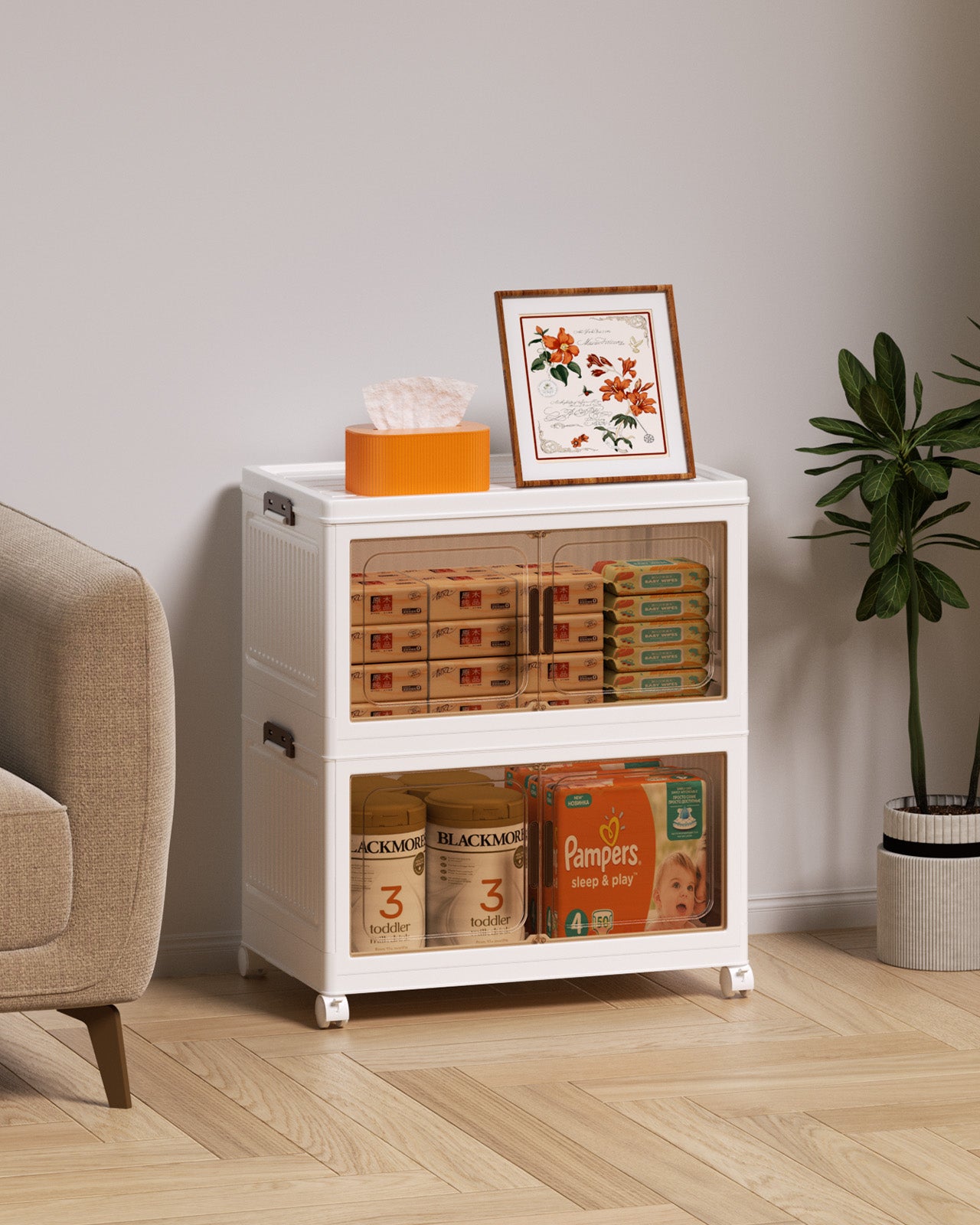 Asnews  Stackable Storage Bins with Lids & Magnetic Doors, Foldable Storage Cabinet with Wheels, Transparent Plastic Storages Drawers for Bedrooms, Living Rooms, and Studies
