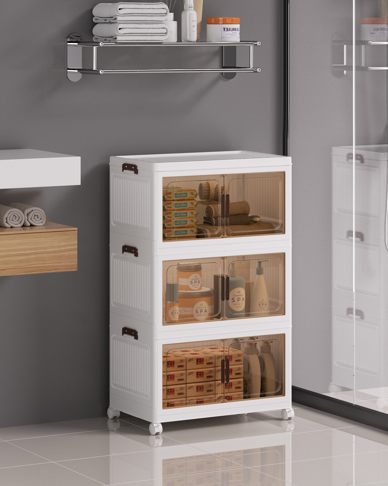 Asnews  Stackable Storage Bins with Lids & Magnetic Doors, Foldable Storage Cabinet with Wheels, Transparent Plastic Storages Drawers for Bedrooms, Living Rooms, and Studies