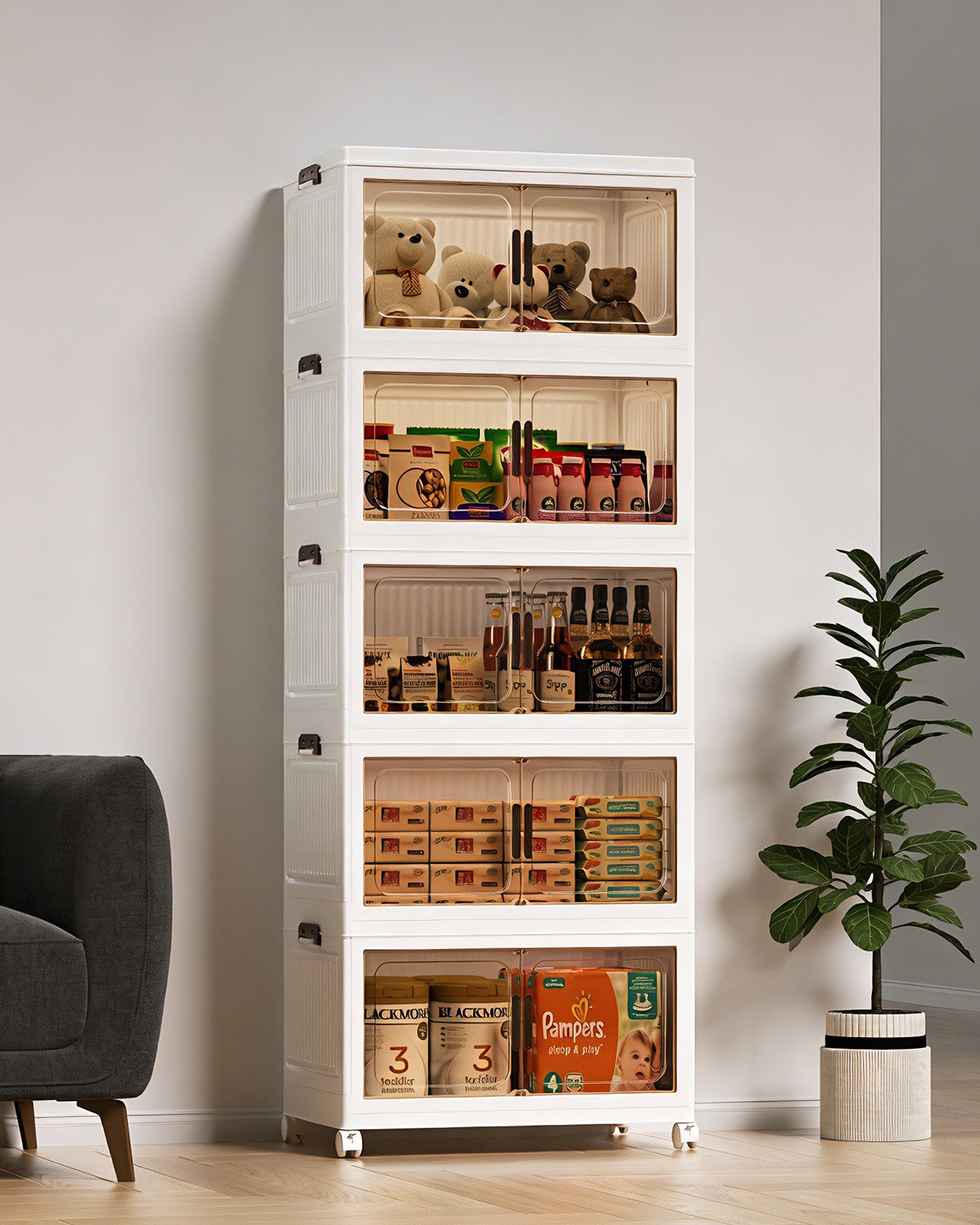 Asnews  Stackable Storage Bins with Lids & Magnetic Doors, Foldable Storage Cabinet with Wheels, Transparent Plastic Storages Drawers for Bedrooms, Living Rooms, and Studies