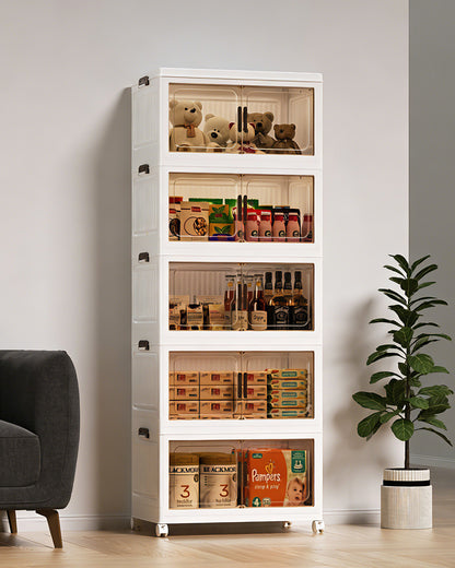 Asnews  Stackable Storage Bins with Lids & Magnetic Doors, Foldable Storage Cabinet with Wheels, Transparent Plastic Storages Drawers for Bedrooms, Living Rooms, and Studies