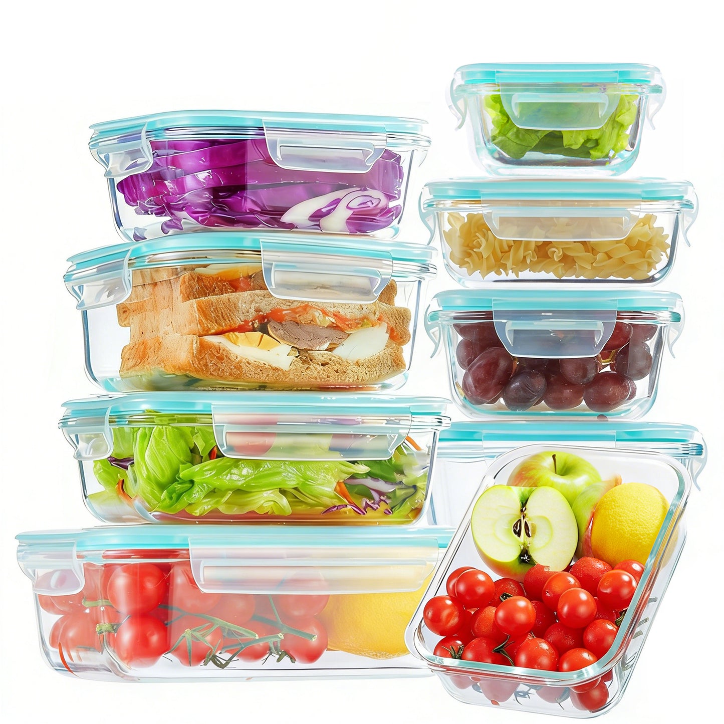 Asnews 16Pcs Glass Food Storage Containers with Lids Set, Airtight Bento Boxes, for Microwave, Oven, Freezer and Dishwasher Safe